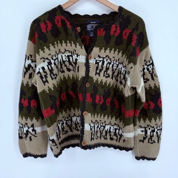 Vintage Rey Wear Cardigan Sweater Hand Made In Bolivia Aztec Size S/M - Picture 1 of 4